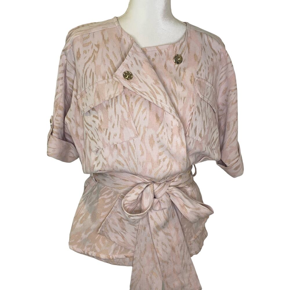 Badgley Mischka Size 8 Pink Blush Cream and Gold Belted Jacket Animal Print